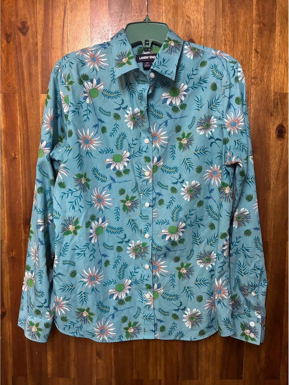 Lands' End Blue Floral Daisy Supima Cotton No Iron Button Down Shirt Size 10